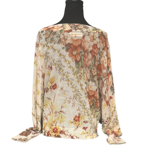 Anthropologie Floral Knit Sweater XS Ivory Linen Blend V Neck - Picture 7 of 16